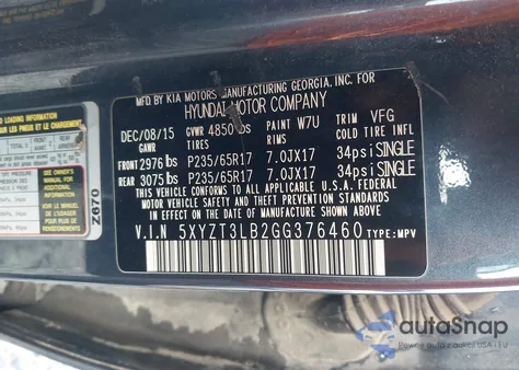 2016 Hyundai Santa Fe Sport 2.4L z USA, uszkodzony, nr VIN 5XYZT3LB2GG376460